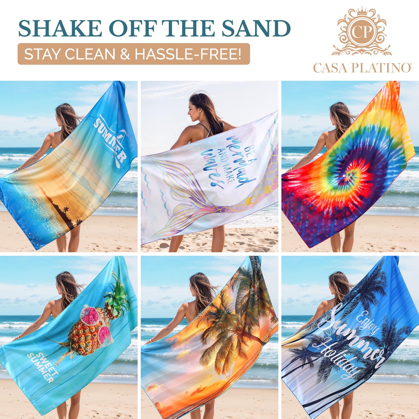 Casa Platino 6-Pack Microfiber Beach Towels – Extra Large 71"x32", Quick-Dry, Sand-Free & Lightweight – Soft, Double-Sided Swim