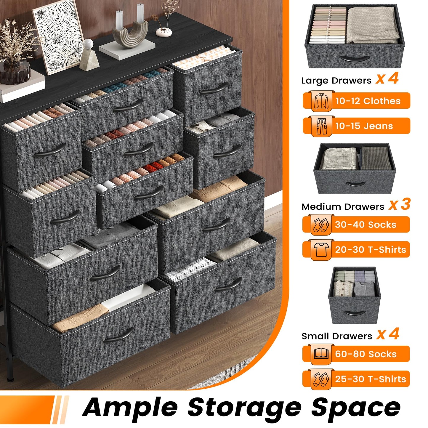 Feonase Chest of Drawers, Bedroom Tall Dresser with 11 Fabric Drawers, Metal Frame & MDF Wood Top, Adjustable Feet