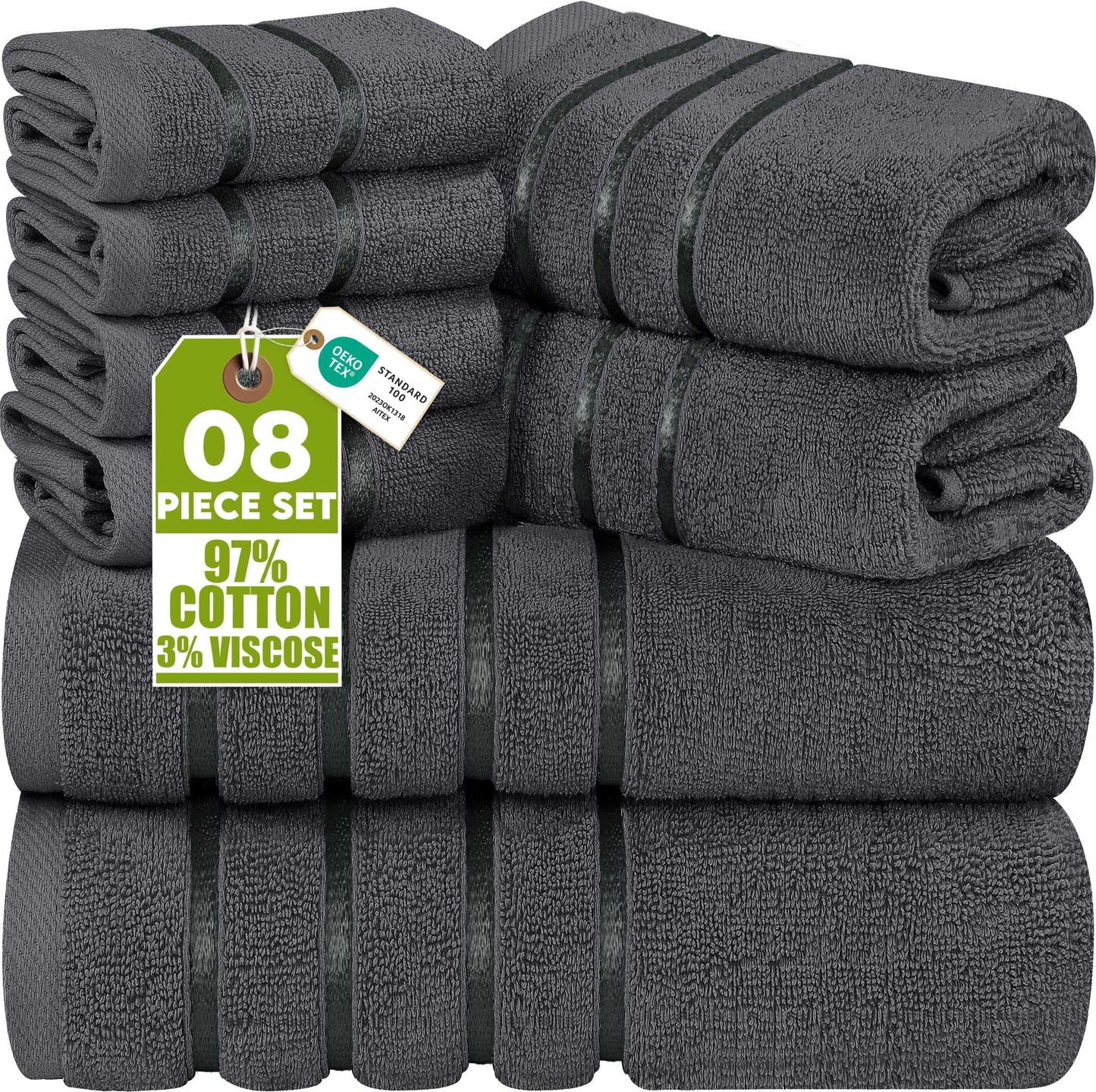 Utopia Towels 8-Piece Luxury Towel Set with Viscose Stripe, Grey