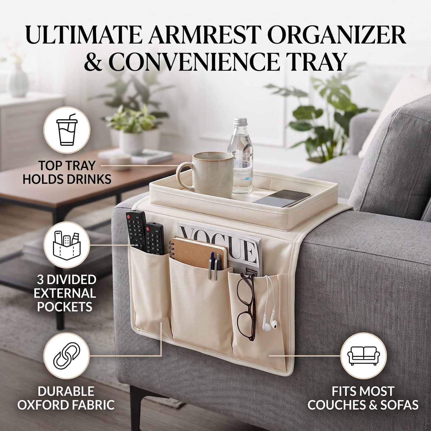 Ejoyous Sofa Armrest Organizer, 4 Pockets Couch Bag for TV Remote Control, Oxford Cloth Armchair Storage with Cup Holder Tray (Beige)