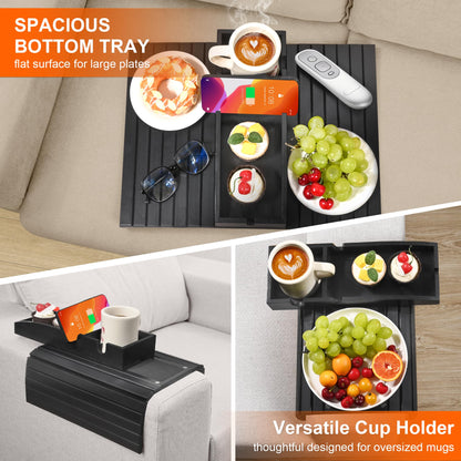 Joy&Grace Couch Cup Holder, 3-in-1 Magnetic Detachable Couch Arm Tray, Bamboo Sofa Armrest Table with Anti-Slip Pad, Sofa Armrest Tray Table Black