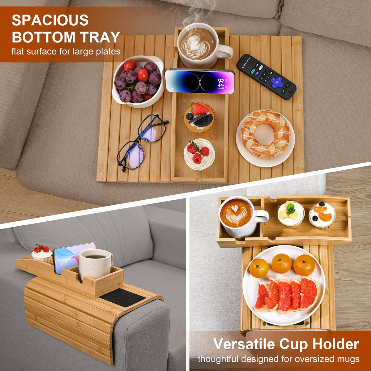 Joy&Grace Couch Cup Holder, 3-in-1 Magnetic Detachable Couch Arm Tray, Bamboo Sofa Armrest Table with Anti-Slip Pad, Sofa Armrest Tray Table Natural