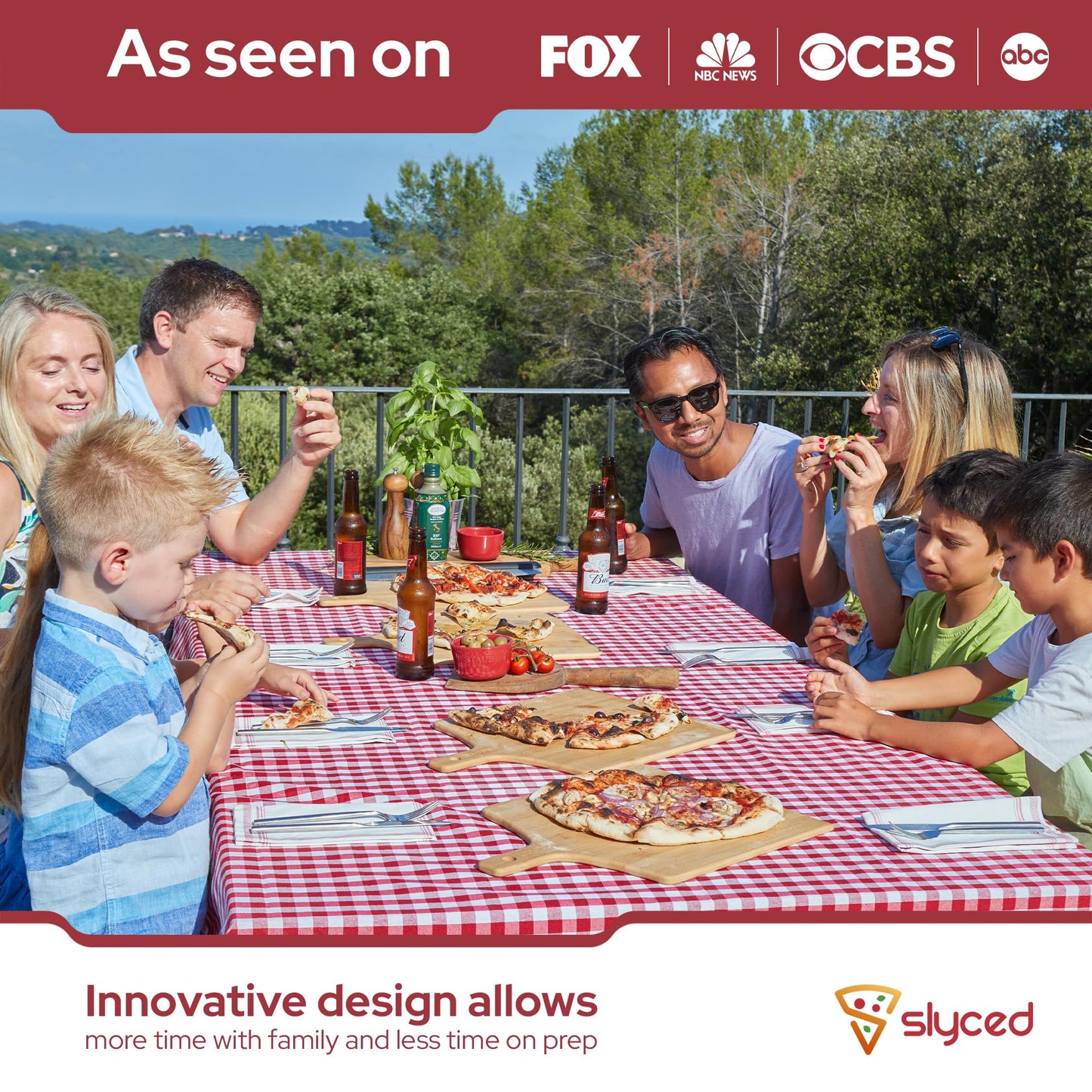Slyced Wooden Pizza Peel Rack | Includes 4 x 12 Inch Non-Stick Bamboo Pizza Boards | Real Wood Pizza Paddle Stand | Innovative Design Allows You to