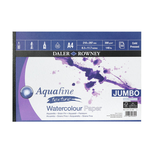 Daler-Rowney Aquafine Textured Cold-Pressed Watercolour & Gouache 300gsm A4 Paper Pad, Natural White, Glued 1 Side, 50 Sheets, For Professional &