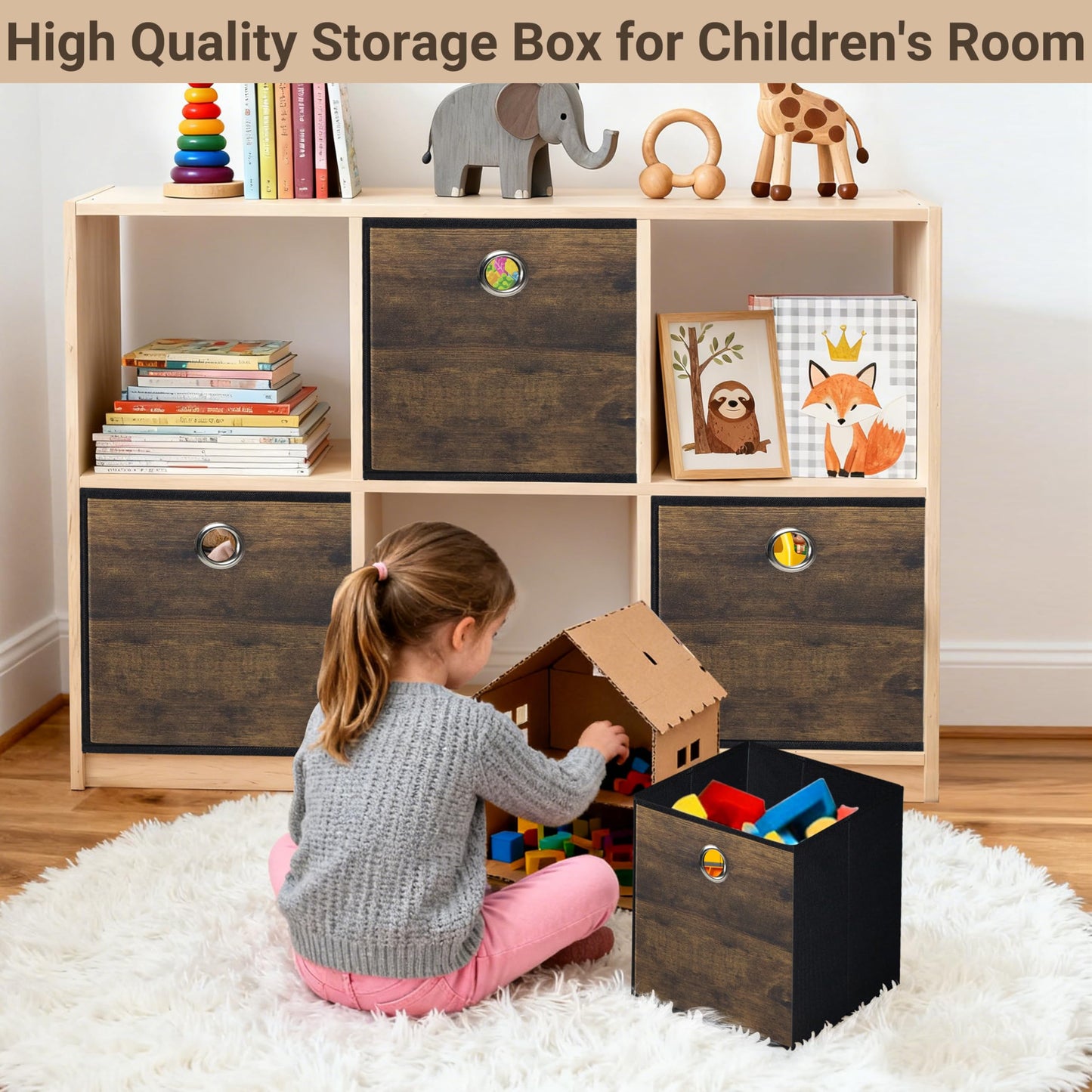 Folzaelar 6 Pack Durable Storage Cube Bin with Decorative Wood Grain,Thickened Fabric Boxes,Storage Basket for