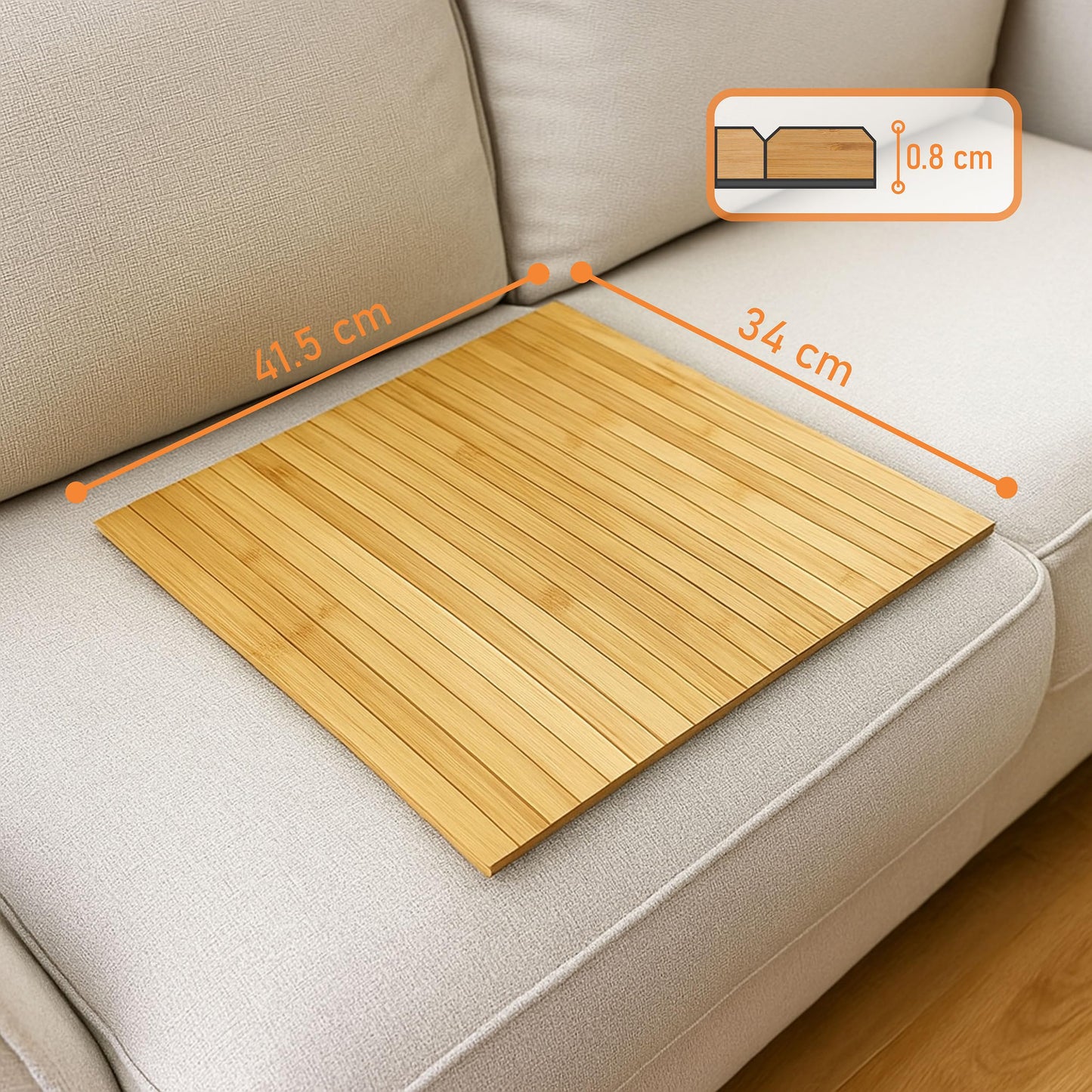 FeinNest Sofa Tray - Flexible Bamboo Couch Armrest Organiser with Non-Slip Base 41.5 x 34 cm Natural Wood Gift Packaging (For Square Backrests Only)