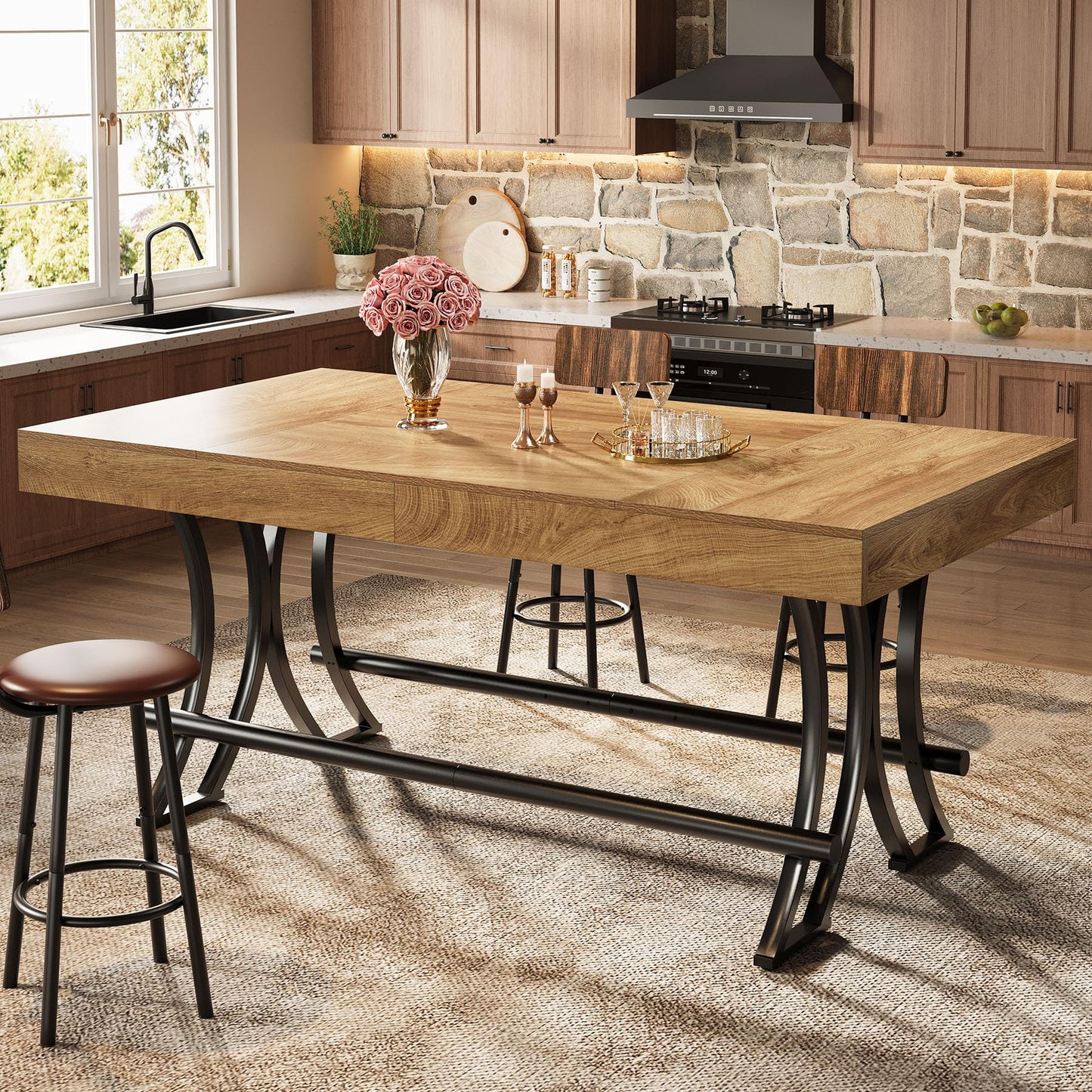 Tribesigns 90CM Tall Bar Pub Table with Metal Footrest,160CM Rectangular Counter Height Kitchen Dining Table