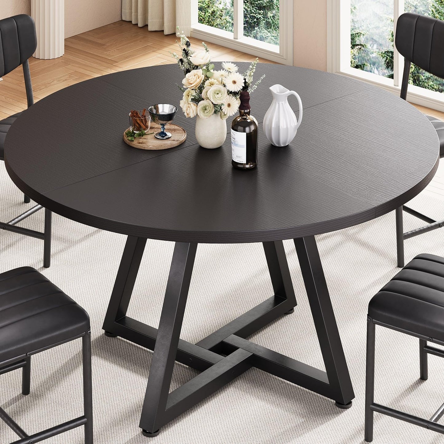 Jocoevol Round Kitchen Dining Table for 2 People, Circle Dinner Table with Metal Frame, Space Saving Wood Industrial Furniture (Black, 31 inch