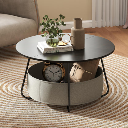 Manora Round Coffee Table Black Walnut with Storage Fabric Basket