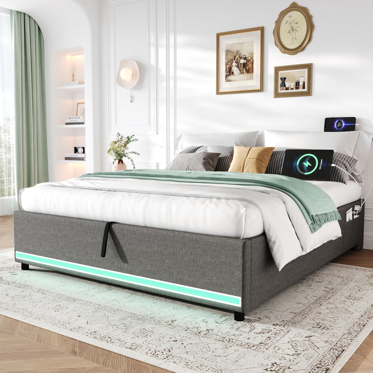 BTM 4ft6 Double Ottoman Storage Bed, No Headboard Linen Bed Frame with LED Lights, Charging, Side Pockets, Grey (No Mattress)