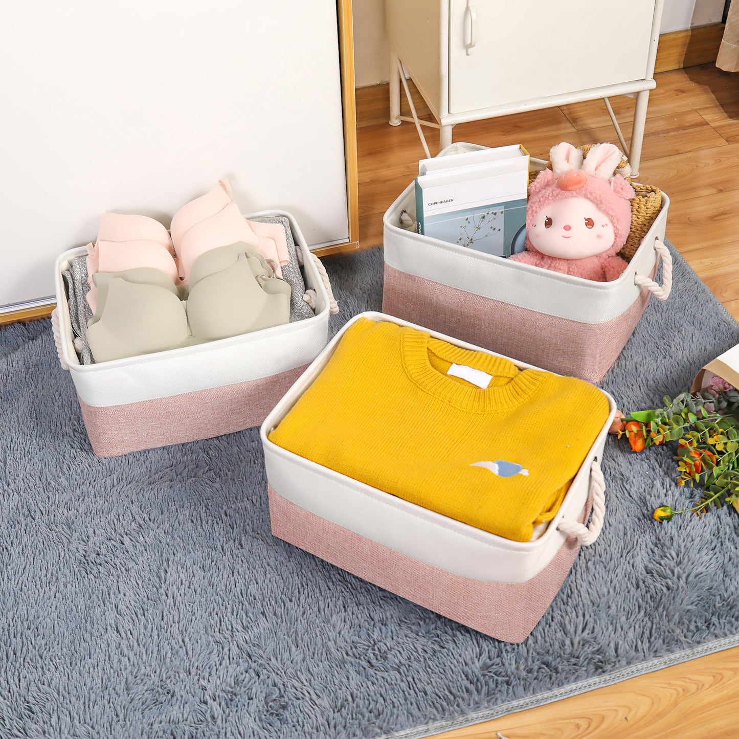 JUNLAI 4 Pcs Storage Baskets with Handles, Foldable Large Storage Boxes, Fabric Wardrobe Storage Basket for Office & Home, Book, Clothes