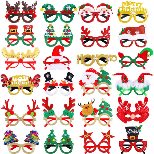 Fovths 24 Pieces Christmas Glitter Eyeglasses Christmas Eyewear Frame Party Accessory Supplies Antlers Reindeer Snowman Shape for Xmas Holiday Party