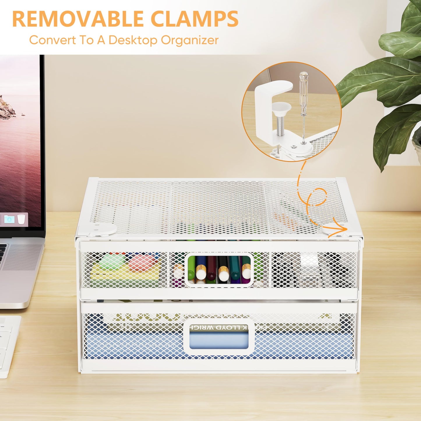 ROLIZOE Clamp On Under Desk Drawers 2 Large Capacity Mesh Metal Drawers Slide Out Under Desk Storage No Drill Under Desk Drawer Organiser Anti-Slip