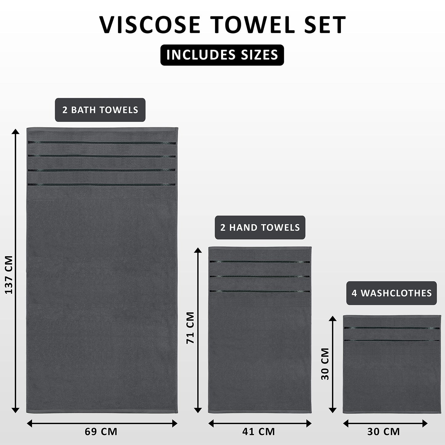 Utopia Towels 8-Piece Luxury Towel Set with Viscose Stripe, Grey