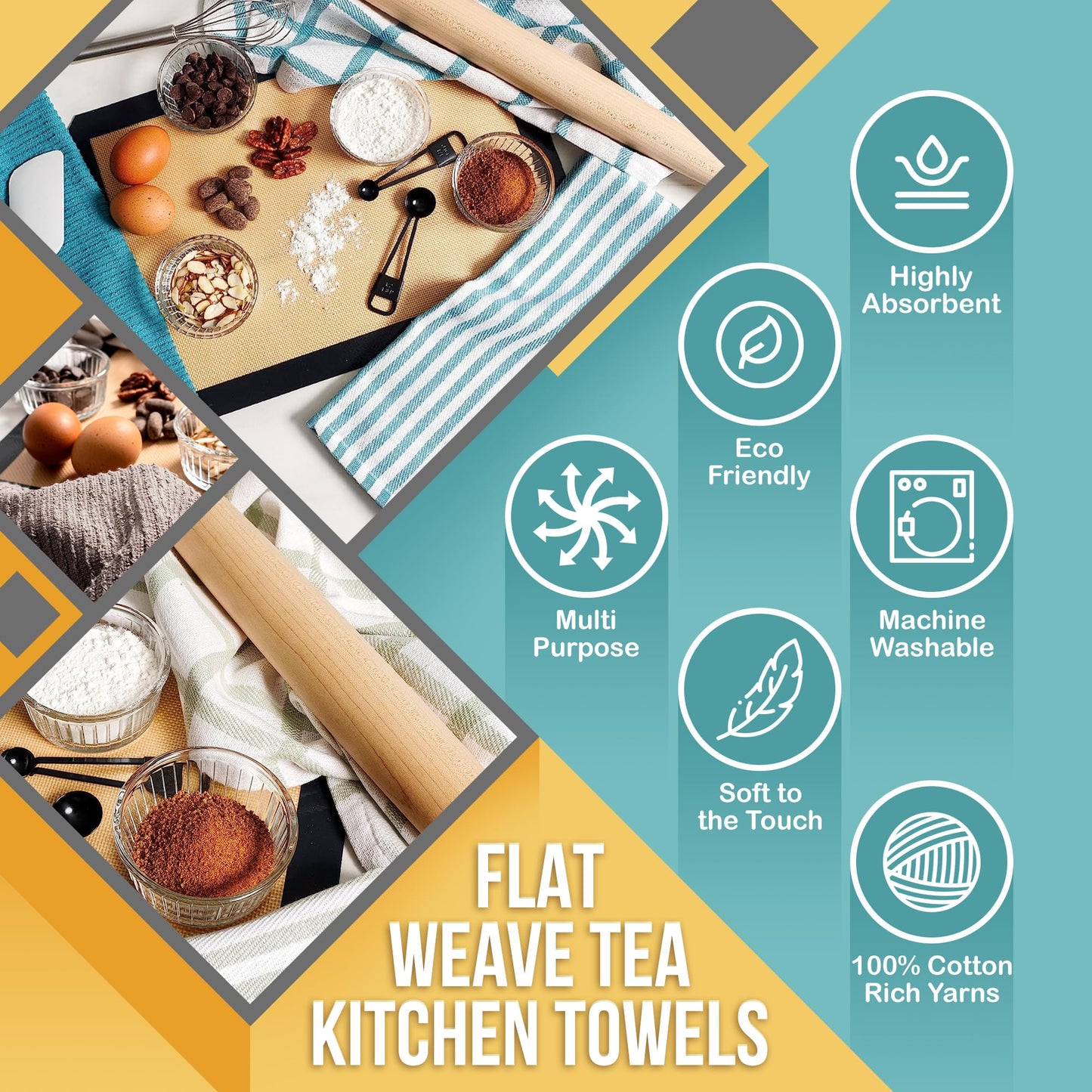 KAF Home Mixed Flat & Terry Kitchen Towels | Two Sets of 3 18 x 28 Inches | 4 Flat Weave Towels for Cooking and Drying Dishes