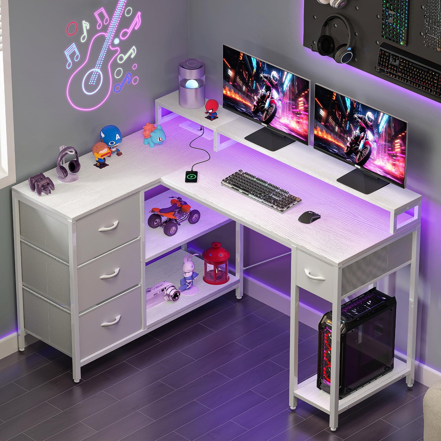 YITAHOME L Shaped Computer Desk with Drawers Power Outlet 140cm White