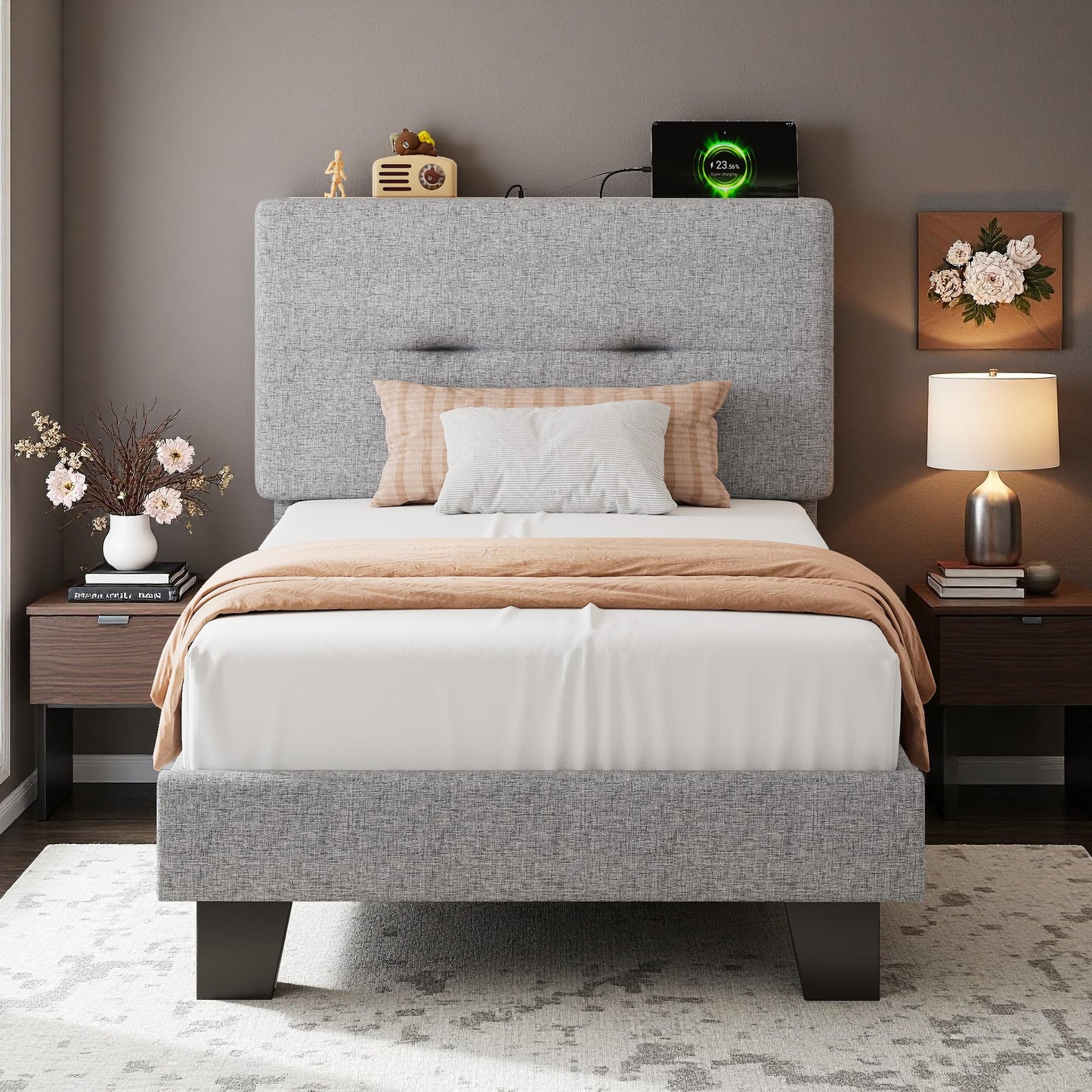 Feonase 3ft Single Bed Frame with Storage Linen Headboard, Upholstered Single beds with Charging Station, Sturdy Wooden Slat Support, Easy Assembly