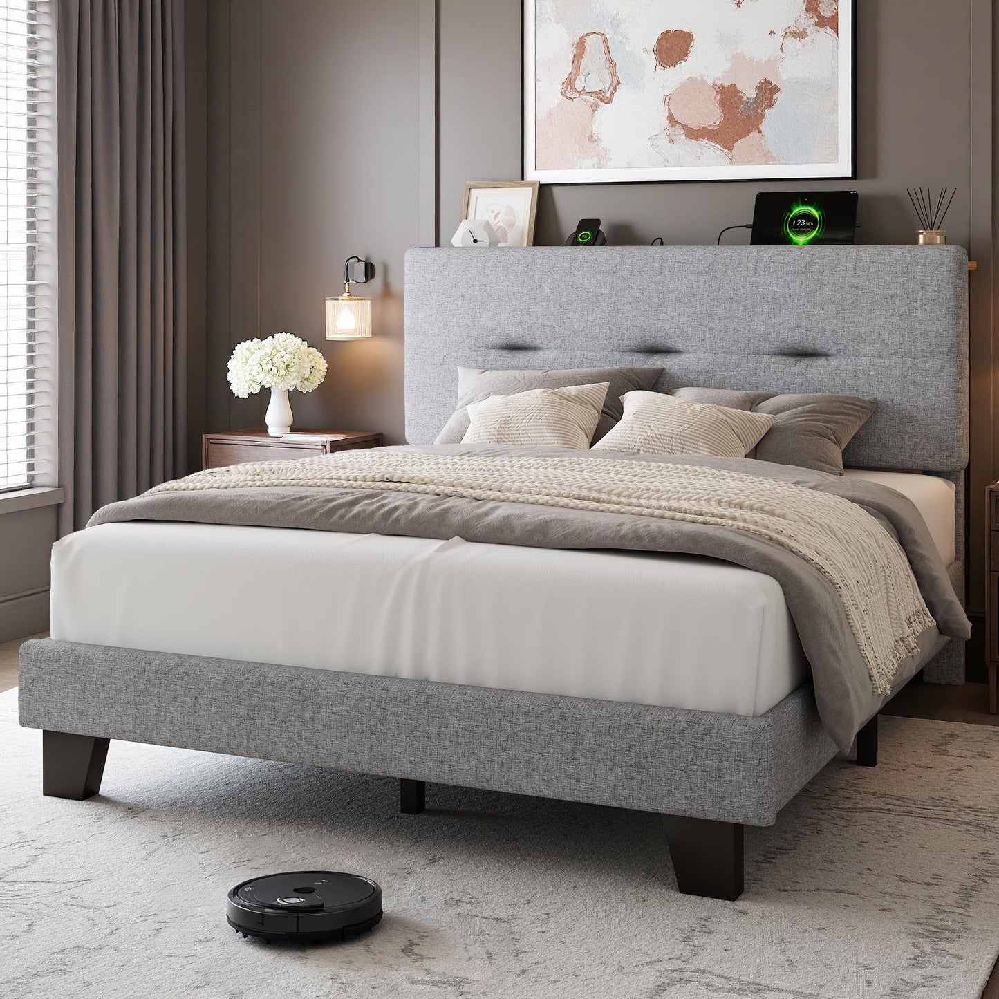 Feonase 4ft Double Bed Frame with Storage Linen Headboard, Upholstered Bedframe double bed with Charging Station, Sturdy Wooden Slat Support