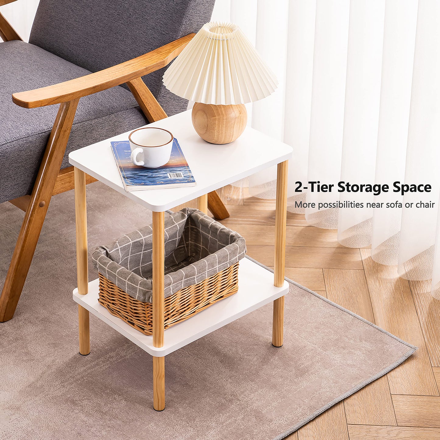 APICIZON 2 Tier Side Table, Narrow End Table with Storage Shelf, Bedside Table Nightstand for Small Spaces, Bedroom, Living Room, Entryway, Farmhouse
