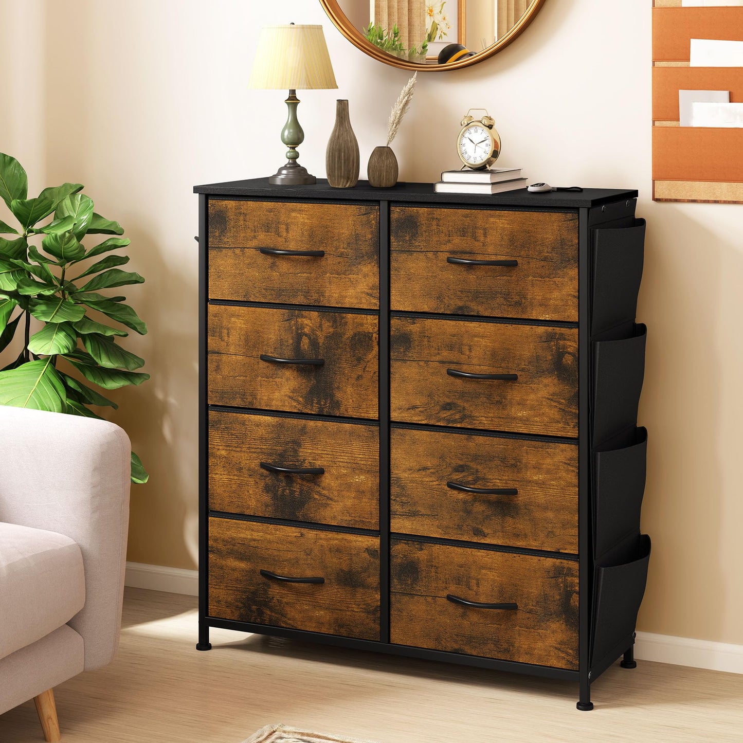 YITAHOME Chest of Drawers with 8 Drawers, Fabric Drawers Cabinet with Side Pocket&Hooks,Easy Pull Handle,Sturdy Steel Frame,Storage Drawers for