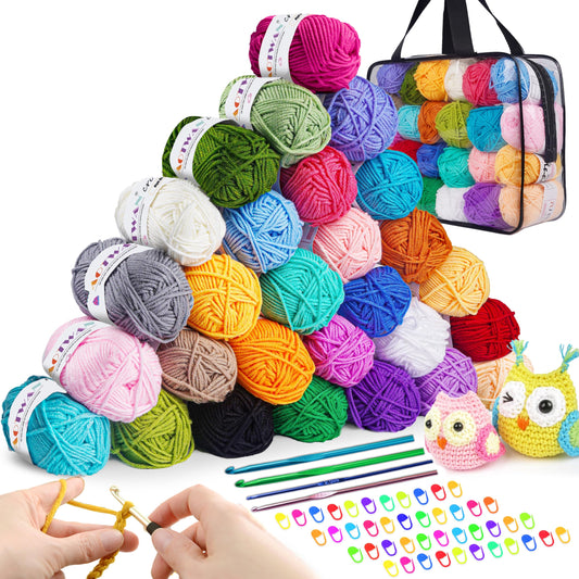 AOTWAN Crochet Yarn Knitting Wool 28Colors x 25g Acrylic Yarn Crochet Wool with Aluminum Crochet Hooks Stitch Markers Yarn for Crochet Kits for