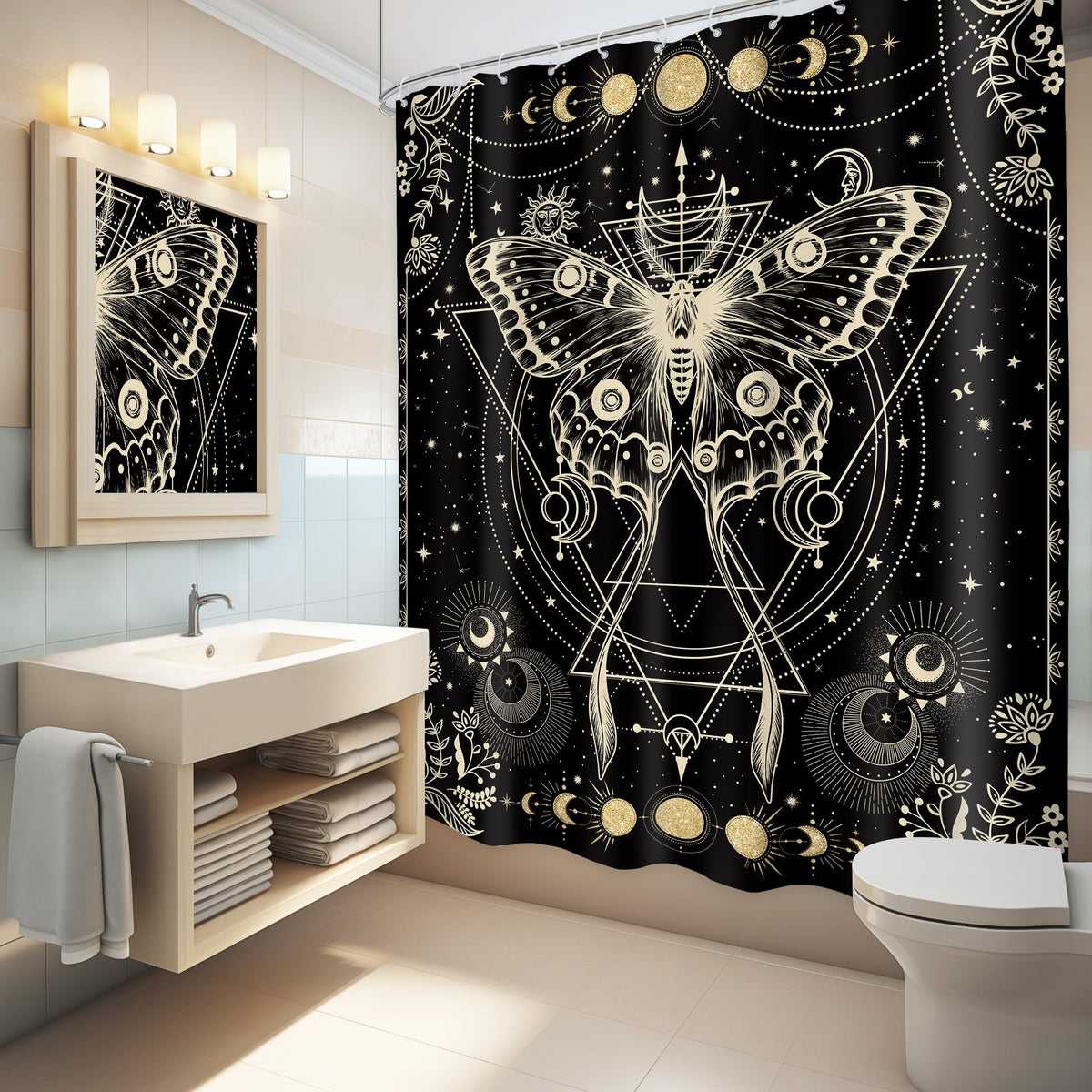 LGhtyro Gold Moth Shower Curtain 60Wx71H Inch Moon Phase Shower Curtain Bathroom Set Gothic Black Butterfly Moonlit Bath Curtain Witchy Tarot