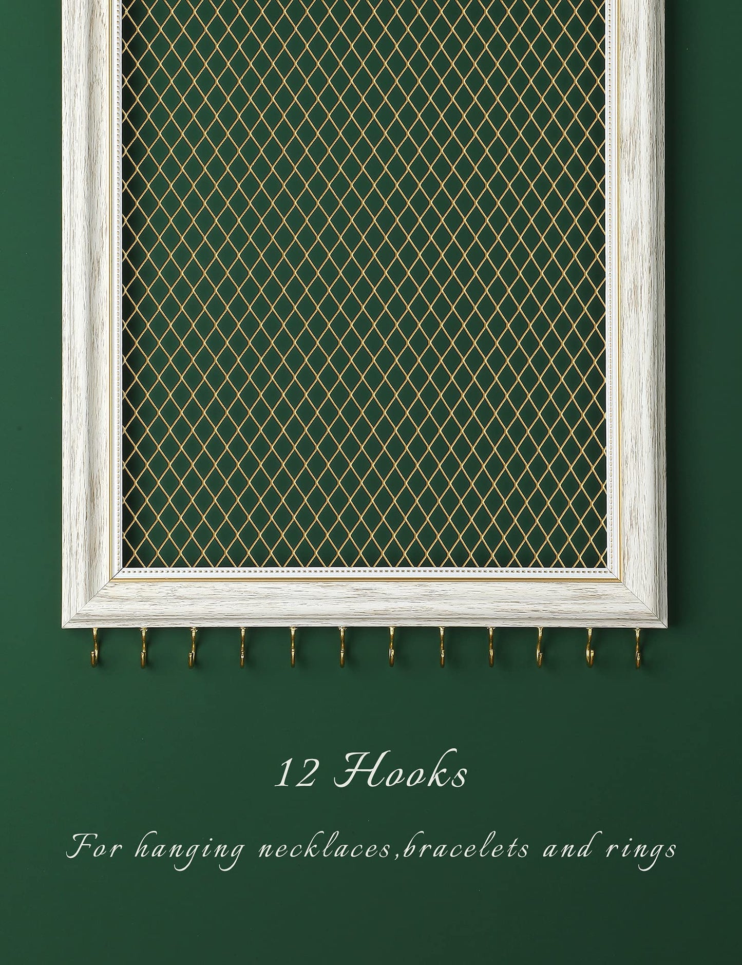 Heesch Hanging Earring Organizer Frame Wall Mounted Jewelry Holder Vintage Rustic Stud Earring Display with Removable Rod and 12 Hooks for Necklaces