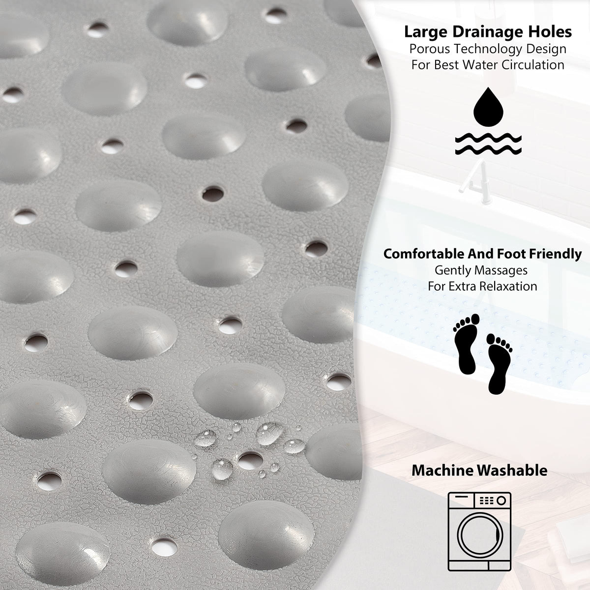 Bathtub Mat Non Slip – 100 x 40 CM Bath Mat – Easy Clean Shower Mats – Sturdy Suction Cup Attaching – Comfortable for Feet – Draining Holes