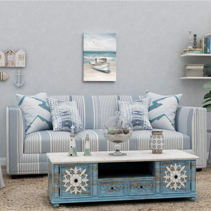 SUMGAR Ocean Wall Art Blue White Sea Canvas Paintings Sandy Beach Pictures Boat Coastal Artwork Framed Seashore Prints Seaside View Home Decor for