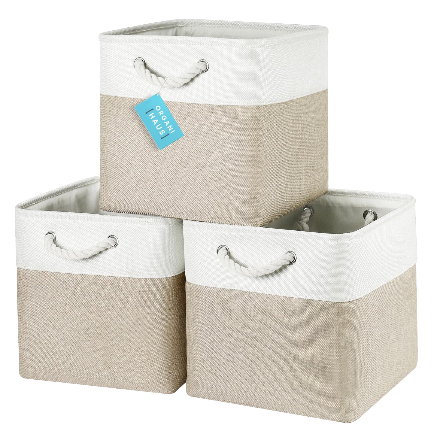 OrganiHaus Fabric Storage Boxes, Set of 3 Foldable 30X30 Cube Organiser Bins with Rope Handles for Shelves, Nursery & Closet