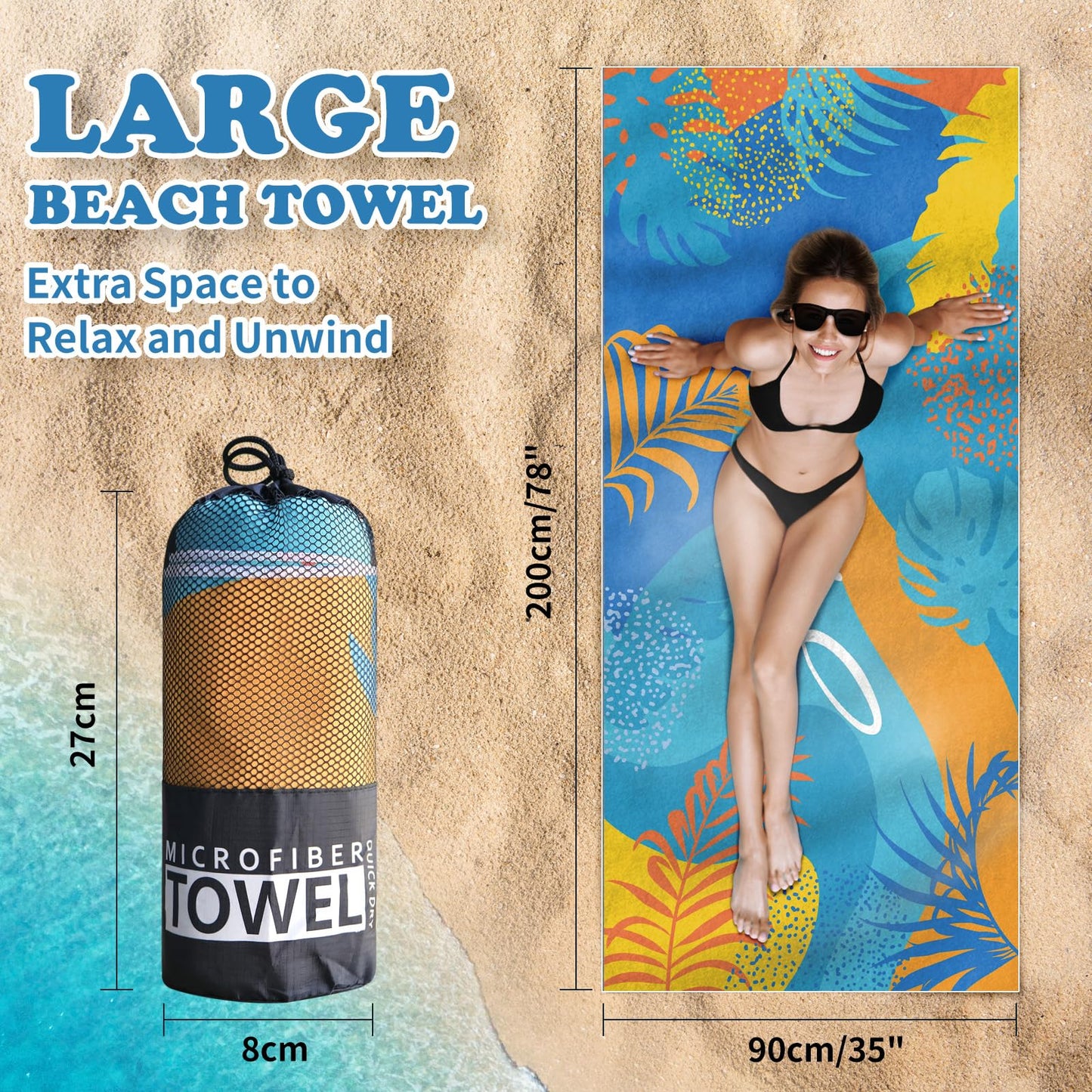 Microfibre Beach Towels for Adults - 200x90cm 2 Pack Extra Large Beach Towels in Gift Boxed, 250 GSM, Sand Free