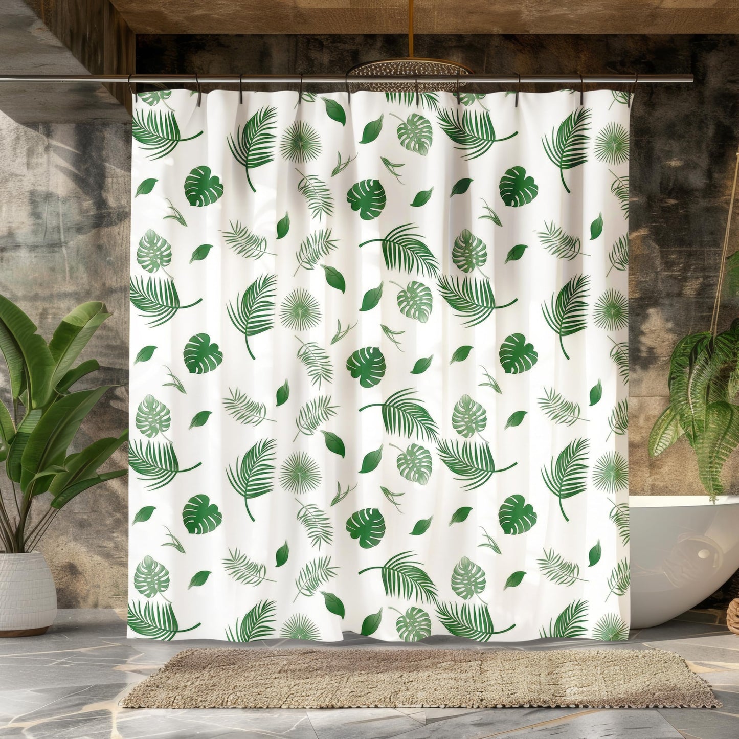 BANLMEYD Shower Curtain Mould Proof Resistant Green Leaf, Premium PEVA Waterproof Shower Curtain