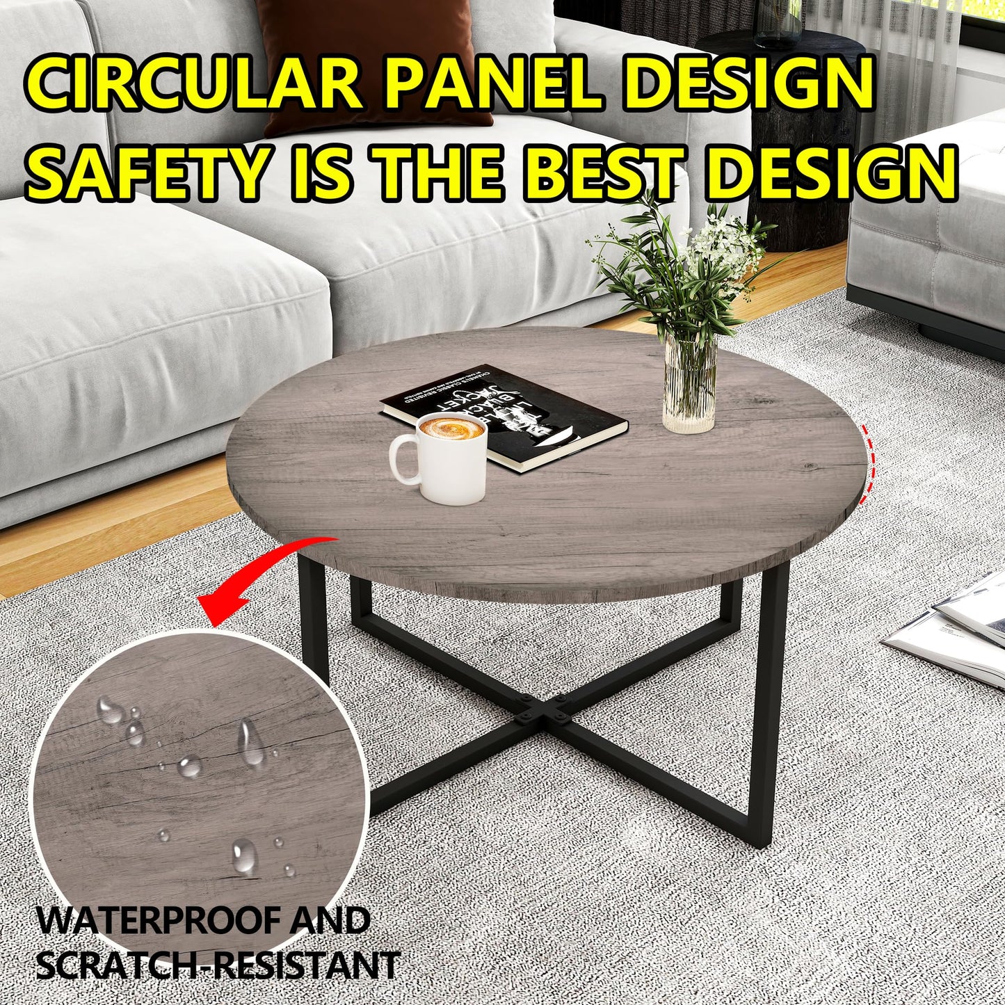 HOMERECOMMEND Round Coffee Table for Living Room,Circle Coffee Tables,Grey