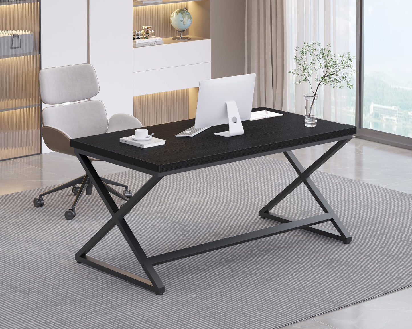 IBF Black Desk, Modern Computer Desk for Home Office, Industrial Simple Pc Gaming Writing Study Desk in Bedroom