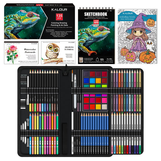 KALOUR 135 Drawing Set Sketching Kit, Art Supplies with 3-Colour Sketchbook & Colouring Paper, Includes Tutorial, Oil-Based, Neon, Charcoal,