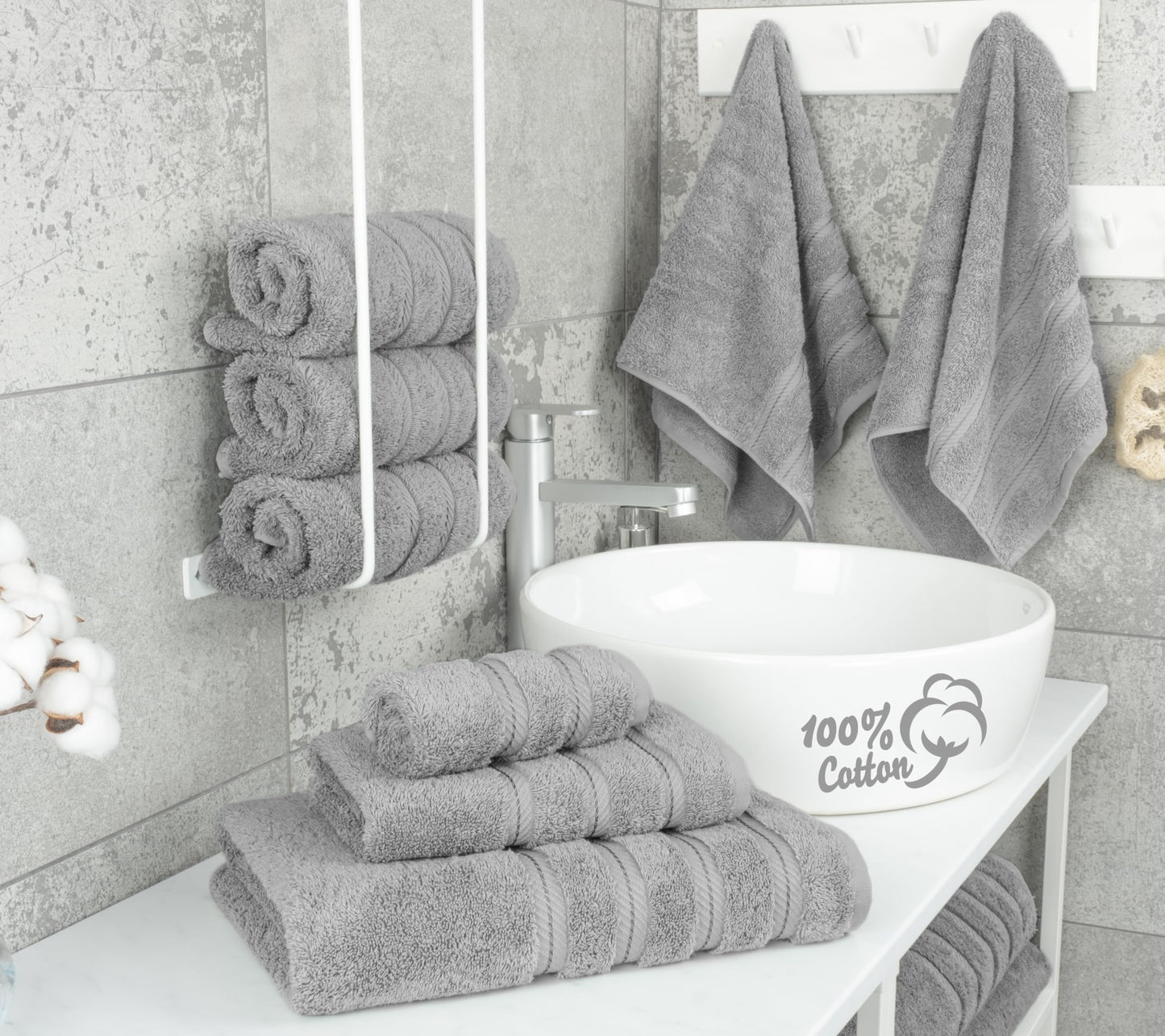 American Soft Linen Luxury 6 Piece Towel Set, 2 Bath Towels 2 Hand Towels 2 Washcloths, 100% Turkish Cotton Towels for Bathroom, Light Grey Towel Sets