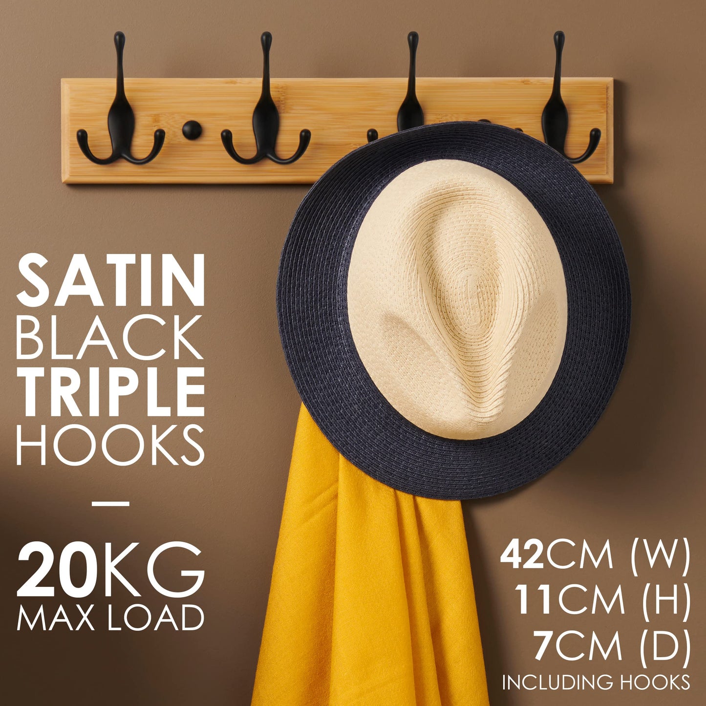 LARHN Wooden Wall-Mounted Coat Rack - 4 Black Coat Hooks, 42cm
