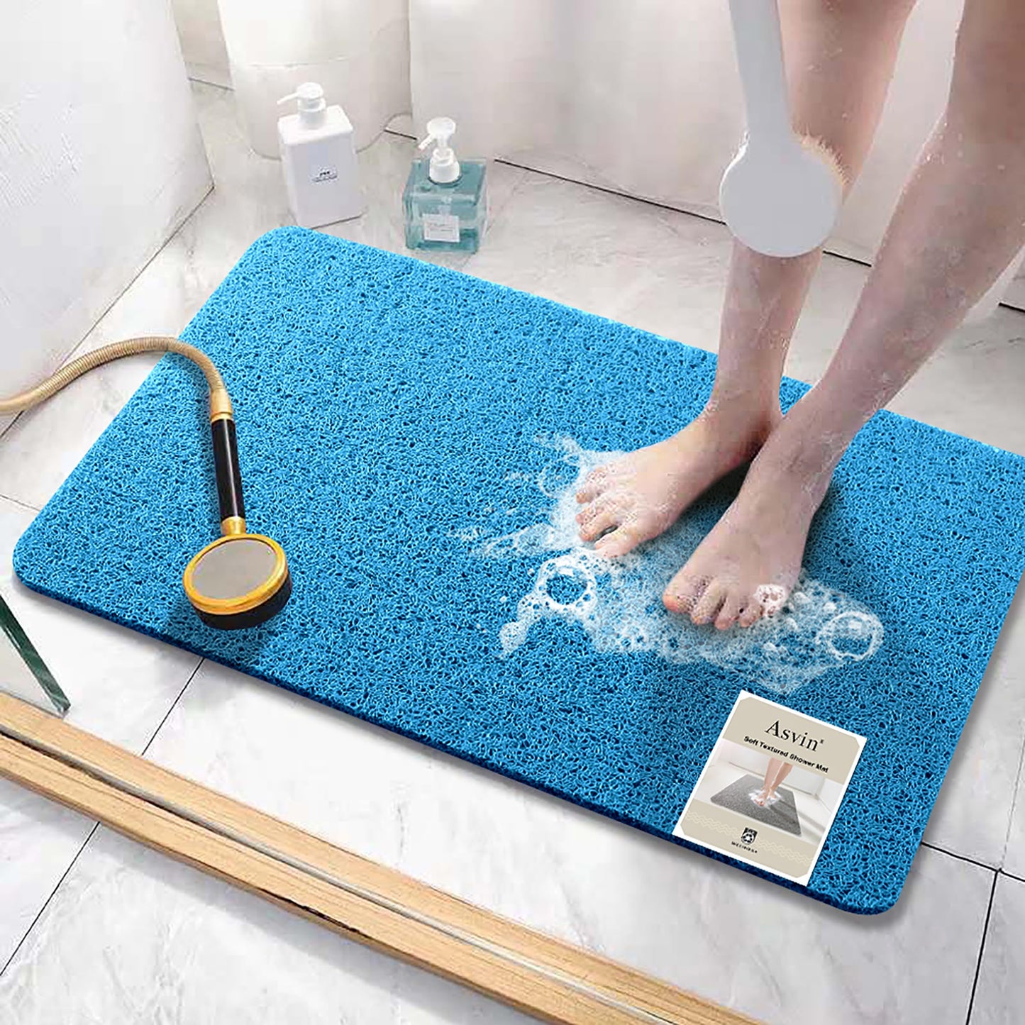 Asvin Soft Textured Bath, Shower, Tub Mat, 47x16 Inch, Phthalate Free, Non Slip Comfort Bathtub Mats with Drain
