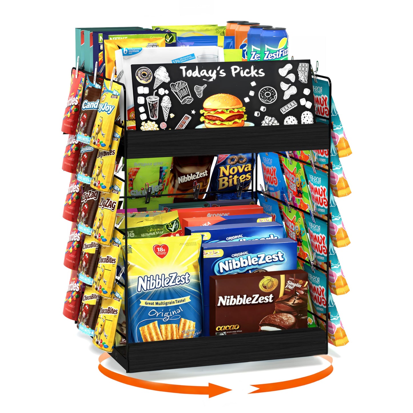 Emfogoo 5-Tier Rotating Snack Organiser with Advertising Board, Chip Display Rack with 360° Spinning Wooden Base & 50 Clips, for Concession Stand
