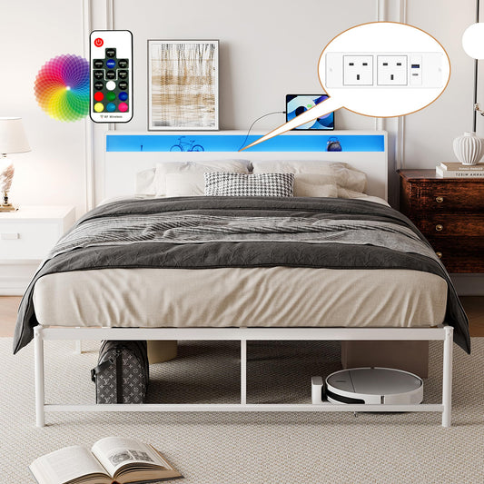 BEXEVUE 4ft6 Metal Bed Frame with Outlets LED Strip - Simple Double Vintage Iron Platform Bed, Storage Ergonomic Headboard, Modern Design High