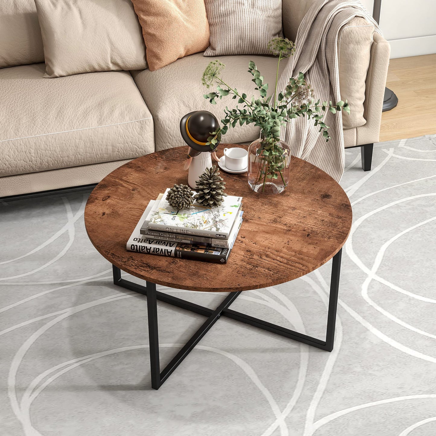 HOJINLINERO Round Coffee Table,Coffee Tables for Living Room,Tea Table End Table Sofa Table,Industrial Cocktail Table,Wooden Coffee Table,Durable