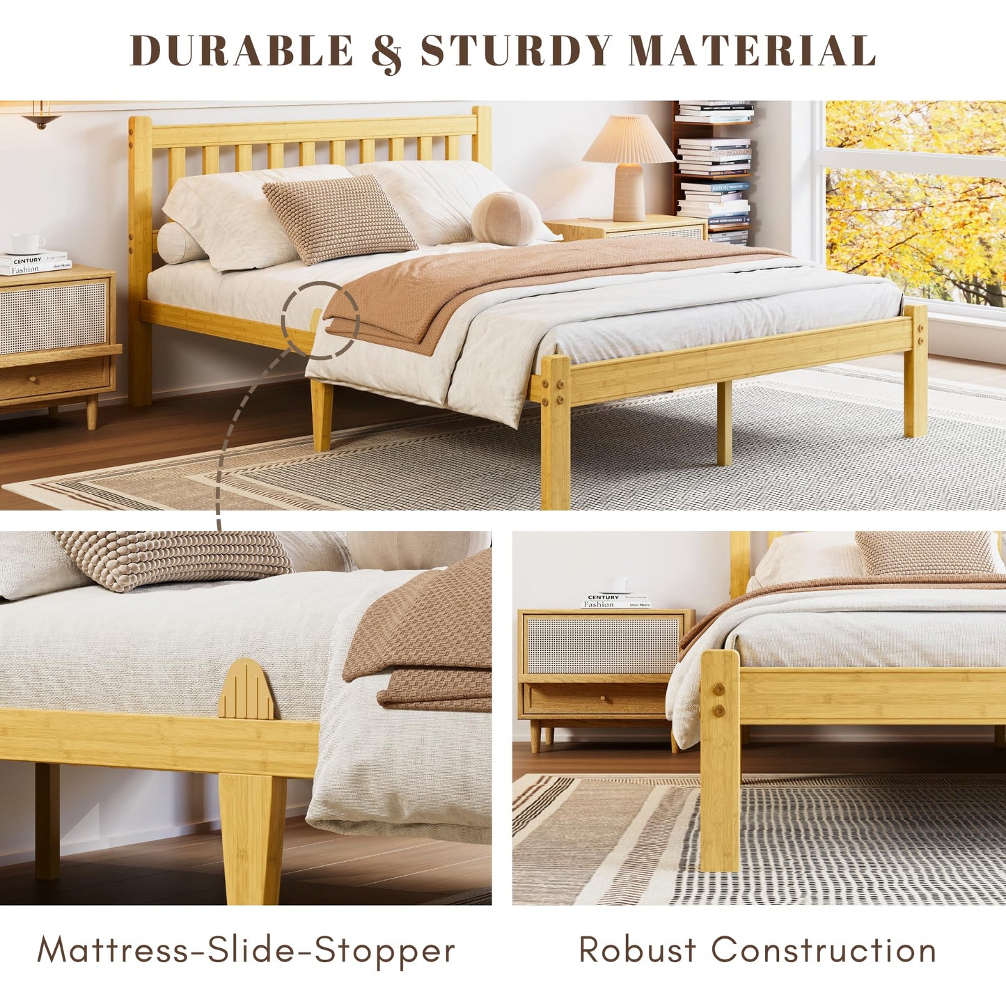 Hunlostten Single Bed Frame Wooden with Headboard - Bamboo Wood Bed Frames with Metal Slats Support and Underbed Storage Bedroom Furniture