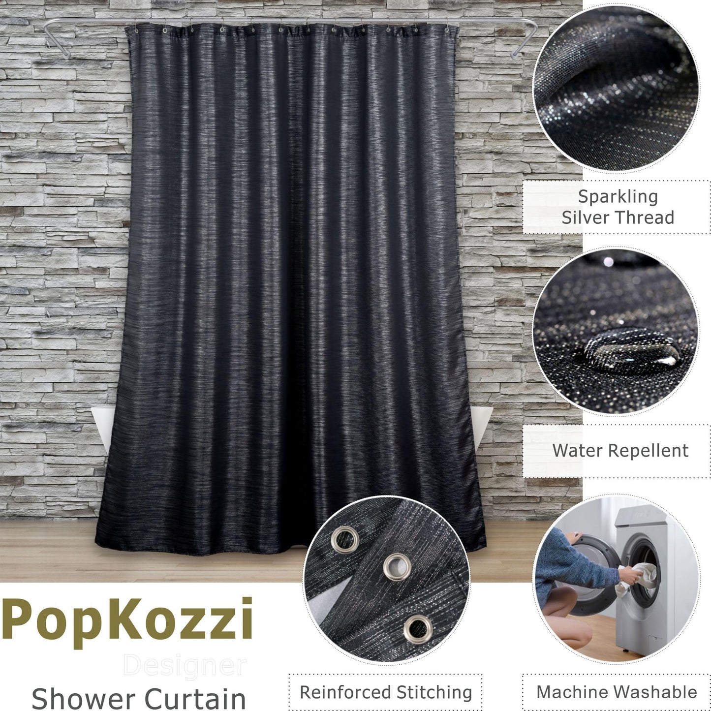 Black Silver Glitter Shower Curtain: Waterproof Washable, 200Lx183W
