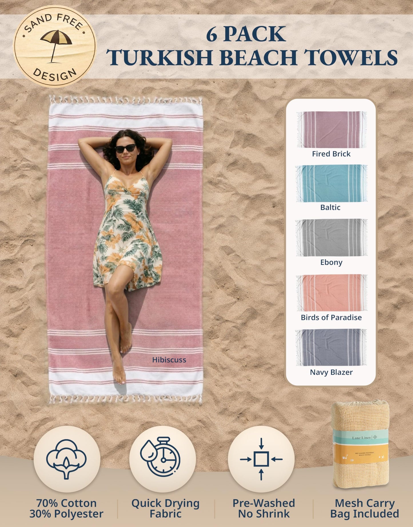 LANE LINEN Beach Towels 6 Pack, Cotton Rich Oversized Towel, Pre-Washed, Stylish Pool Towels For Adults, Quick Dry