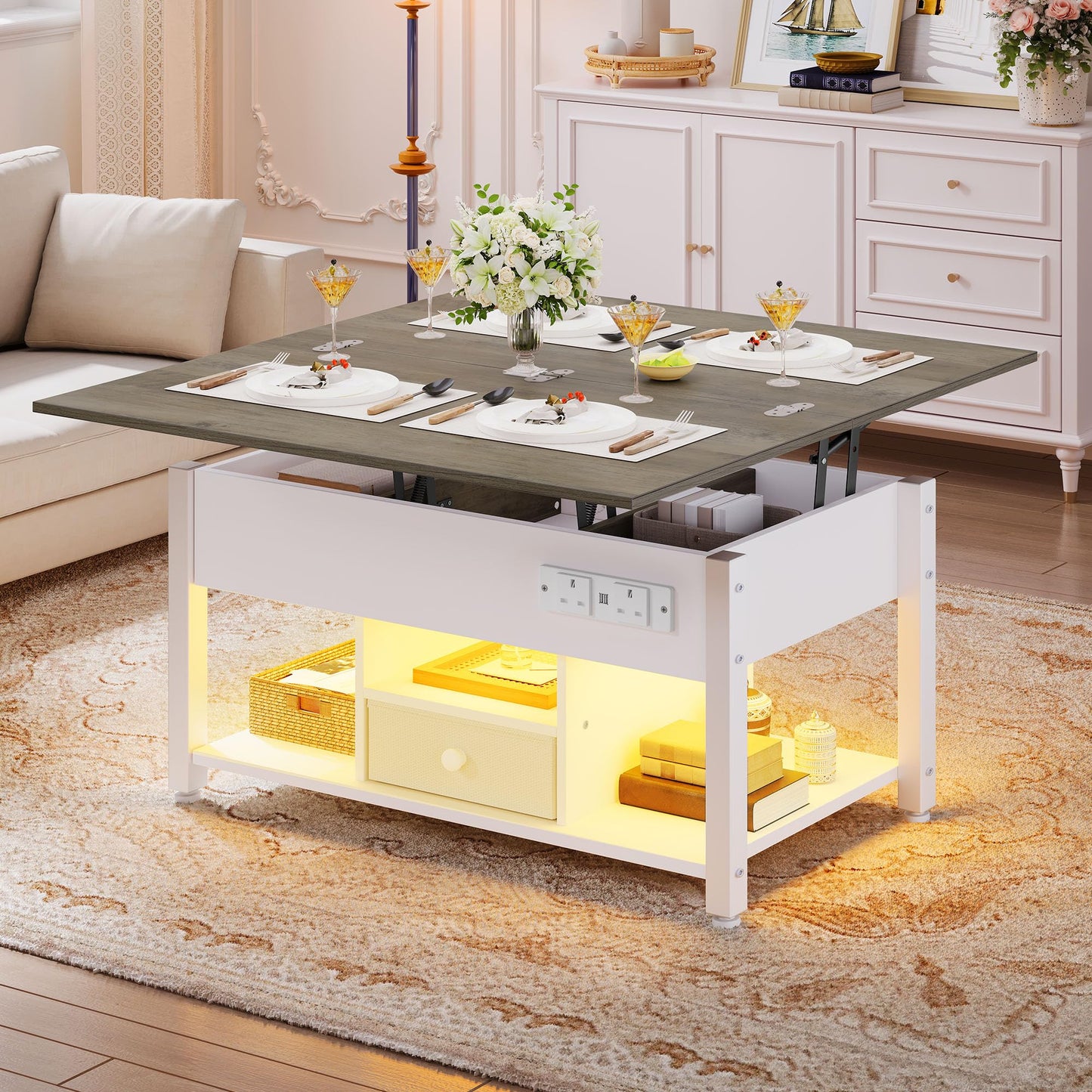 YITAHOME Folding Lift Top Coffee Table with Drawer, 4-in-1 Convertible Table with Storage Space and Type-G Outlets