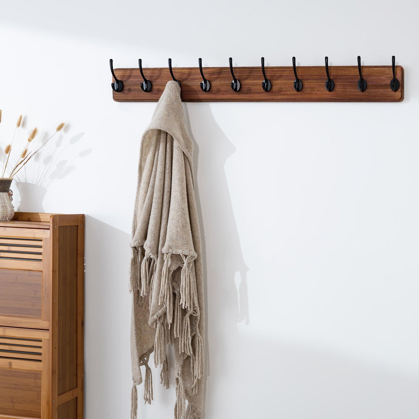 SKOLOO Farmhouse Style Wall Mounted Coat Rack, Pack of 2, Pine Solid Wood Coat Hook Hanger - 10 Hooks for Hanging Clothes Robes Towels Coats
