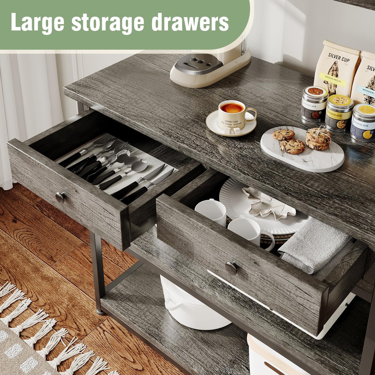 Flrrtenv 5-Tiers Bakers Rack, Kitchen Storage Shelves with 2 Drawers, Coffee Bar with Power Socket, Kitchen Storage Unit Metal Frame & Wooden Board