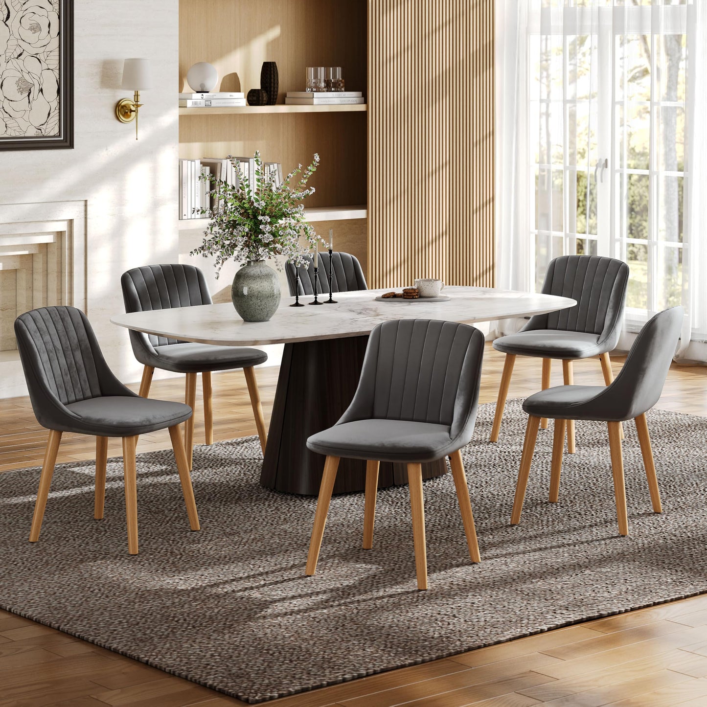 Goeurvant Dining Chairs Set of 4 Upholstered Chairs for Living Room with Wood Legs Velvet Kitchen Chair, Dark Grey