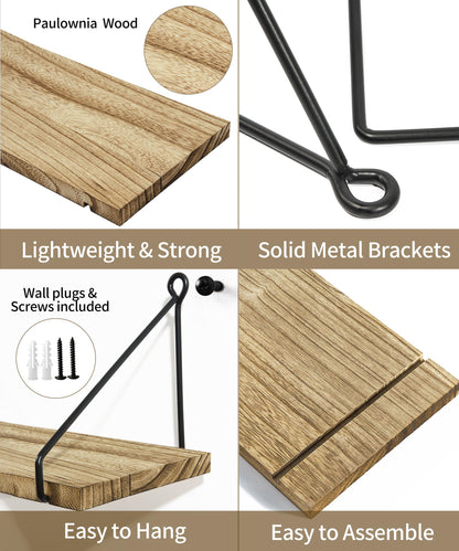 SUMGAR Long Floating Shelves for Wall Rustic Wood Shelf 60CM for Bathroom Kitchen bedroom living room office Wooden Storage Rack Set of 2 With Bracket