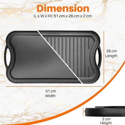 Nutrichef Reversible Cast Iron Griddle Pan  50.7cm x 25.7cm, Non-Stick Flat & Ridged Grill Plate for Hob, Oven & BBQ, Induction & Gas Safe,